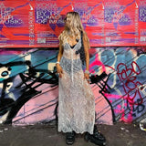 Women Summer y2k Fairy See-Through Lace Floral Sheer Tank Dress Sleeveless V-neck Bodycon Club Party Long Dress Cover-ups