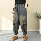 GETADME Vintage style loose Embroidery harem jeans female Casual High Waist Pockets Denim Pants women pring summer women pants