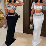 GETADME 패션 라인스톤 장식 불규칙 슬링 지퍼업 탱크탑 하이웨이스트 백 슬릿 맥시 스커트 Y2K 미드나잇 클럽 콘서트 2피스 세트