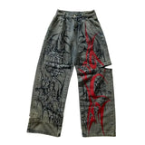 GETADME American New Fashion Oversized Pattern Printed Washed Jeans Men Y2K Gothic Rock Popular Casual Joker High Waist Wide Leg Pants