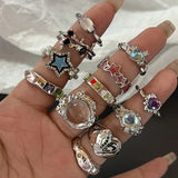 GETADME Kpop Y2K Punk Vintage Crystal Heart Star Ring Irregular Geometry Rings Set For Women Girl Fashion Korea Goth Jewelry Accessories