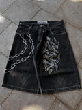 GETADME American Washed Ecko Denim Shorts Mens Hip-hop Rock Street Fashion Pattern Straight Pants Harajuku Trend Wide Pants