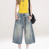 GETADME DM American Vintage Washed Star Denim Shorts Y2k High Waist Straight Wide Leg Jeans 2025 New Loose Knee-Length Pants