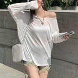GETADME Sexy Sheer Baggy T-shirt for Women 2026 Summer Casual Fashion Loose Pullovers Chic Lazy Solid Color Off Shoulder Top Streetwear