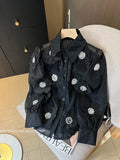 GETADME Spring Summer Long Sleeve Sequins Petals Applique White Beige Mesh Shirts and Blouses For Women Sexy See- through Tops