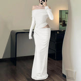 GETADME Elegant Off Shoulder Women's 2025 New Irregular Mesh Patchwork Long-sleeved Cut Out Skinny Evening Party Floor-length Long Dress