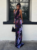 GETADME Backless Maxi Dress Women Sexy Purple Print Halter Bodycon Dress Summer Beach Outfits Elegant Sleeveless Club Party Dress 2025