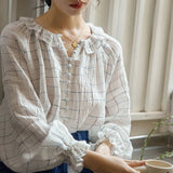 플레드 슈퍼 코튼 리넨 원사 피터팬 칼라 긴팔 여성 셔츠 블라우스 2022년 봄 여름 신상품