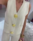 GETADME Vest Set Gold Botton OL Style 2025 New V Neck Set 2 Pieces Sweater Set For Summer Baggy Wide Leg Long Pants