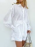 GETADME Wolfeel Casual Shorts Sets Striped Jacquard 2 Pieces Cozy Lapel Lantern Sleeve Shirt Summer Outfit Elastic Waist Shorts Suits