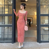 Getadme-Women's Elegant Long Dress 2024 Spring Festival New Extended Version Pink Vintage Casual Lace Mesh Long Sleeve Dresses