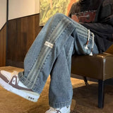 GETADME Three bar American retro jeans men's spring and autumn new style high street elastic waist loose casual men's straight leg long