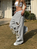 GETADME Distressed Gray Baggy Joggers Women Hip Hop Style Grunge Wide Leg Holes Sweatpants Oversized Gyaru Streetwear Trousers