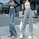 GETADME OUSSYU Woman Jeans High Waist Straight Wide Leg Cotton Denim Clothing Blue Streetwear Vintage Fashion Harajuku Women Trousers