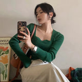 GETADME Knitted Pullovers Women Vintage Solid Sweaters Autumn Winter Korean Elegant Slim Knitwear Square Collar All Match Jumpers New