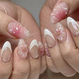 GETADME 24pcs French Almond Press on Nails Flower False Nails Wearable Stick-on Nails Fake Nail Uñas Postizas Mujer Накладные Ногти nailtip