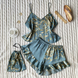 GETADME 3 Pcs Summer Women Dress Silk Pajamas Fashion Print Suspenders and Shorts With Hanging Bag Home Wear Set Sexy