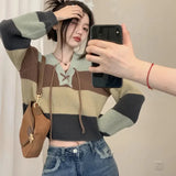 Getadme-Contrast Lace-Up V-Neck Sweater Ladies Preppy Style Basic Long Sleeve Knitted Pullovers Women Autumn Loose Knitwear
