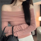 Getadme-Slash Neck Pullovers Women Short Knitted Thin Slim Defined Waist Basic All-match Sexy Elegant Off Shoulder Autumn Winter Female