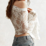 GETADME SUCHCUTE Sexy Skew Collar Sheer Lace T-Shirts Women Flared Sleeves Slim Crop Tops Chic Casual Pullovers Smock Summer Party Club