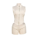 GETADME Casual Women Solid Sets Stand Collar Sleeveless Zip Up T-shirt and Elastic Low Waist Fitness Shorts Workout Outfits 2025