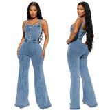 GETADME Women Jeans Rompers Sexy Overalls Jumpsuits Square Collar One Piece Solid Flare Pants Ankle Length Baics Spliced Button