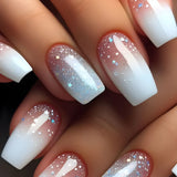GETADME 24Pcs Short Square Coffin False Nails Square Fake Nails with Glue French Glitter Wearable Acrylic Nails Set Press on Nail Tips