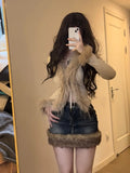 Getadme Washed Fur Paneled Denim Skirt for Women Retro Sexy Hot Girl High Waist A-line Skirt Y2k Skirt Fashion Casual Package Hip Skirt