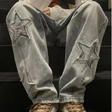 GETADME Star Embroidered Straight Casual Men's Jeans Y2K Gothic Unisex New Wide-leg Loose, Comfortable Fashionable Youth Street Jeans