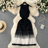 GETADME Fashion Patchwork Knitted Long Sundress Women Sleeveless Mesh Elastic Bodycon Dress 2025 Streetwear A Line Midi Dress