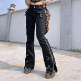 GETADME Women Low Waist Jeans Denim Straight Flare Pants Vintage Pockets Zipper Denims 2025 Autumn Streetwear Ankle Length Trousers
