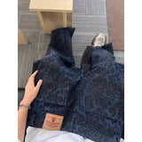 Jean d'été pour femme, taille haute, ample, décontracté, vintage, imprimé léopard bleu, pantalon droit, style streetwear américain, jambes larges.