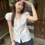 GETADME Short Sleeve White Camisas Korean Bandage Chemises Femme Tops Slim Waist Elegant Chic Shirts Women Y2k Lace-up Bow