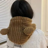 Getadme Korean Women Hooded Beanies Outdoor Winter Warm Ear Protection Headgear Wool Knitted Bib Scarf Cap Cartoon Bear Crochet Bonnet