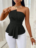 GETADME Women's Strapless Top Solid Black Slim Fit Peplum Wrap Front Belted Waist Spring Summer Casual Elegant Top Commuting & Vacation