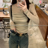 Getadme Mesh Long Sleeves Shirt Women Autumn Design Sense Niche Pleat Slim Fit Bottoming Shirt Short Top Female Korean Fashion Tops