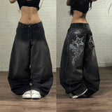 GETADME 2026 American New Fashion Star Pattern Embroidery Old Jeans Women Y2K Gothic Hip-hop Casual Joker Straight Wide-leg Trousers