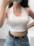 Getadme- Solid Color Sexy Halter Top Women Sleeveless Hanging Neck Crop Tops Casual Basic Slim Backless Tank Top Female Summer