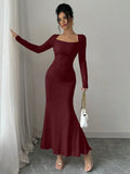 GETADME Women's Four Seasons New Style Women's Elegant Temperament Retro Solid Color Square Collar Long Sleeve Dress