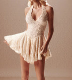 GETADME V Neck Halter Lace Mini Skirt Women Fashion Waist Cinched A Line Dress Backless Sleeveless Short Vestidos Summer Lady Dresses
