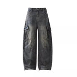 GETADME Retro Multi Pocket Curved Knife Jeans Autumn And Winter Vintage Wide Leg Workwear Pants Korean Version High Street Men'S Jeans