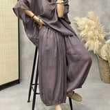 GETADME Loose Ramie Set For Women Large Size With Bat Sleeves V-neck Cotton Linen T-shirt Casual Lantern Pants Two-Piece Set For Summer