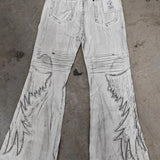 GETADME American retro printed wing patch women jeans punk style slim fit men and women bell bottoms floor mopping pants