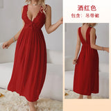 GETADME Sexy Pajamas Long Nightgown Home Wear Fashion Lace Dress For Women Deep V Sleepwear Chiffon Nightdress Wedding Night Clothes