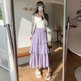 GETADME Sweet Lace Ruffles Long Skirt Women Summer Cute Puff Cake A Line Skirt Woman Korean Style High Waist White Chiffon Tulle Skirt