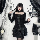 GETADME Goth Black Lace Trim Long Sleeve T-Shirts Vintage Sexy Lace-up Square Collar Tops with Choker Cross Women Autumn Tees