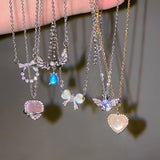 Getadme Y2K Crystal Bow Angel Wings Heart Pendant Necklace For Women Sweet Cool Girl Clavicle Chain Trendy Aesthetic Jewelry Accessories