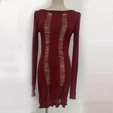 GETADME Hipster Long-sleeved Hollow Out Knitted Sexy Backless Tight Fitting Midnight Club Mini Dress Y2k Sheer Cocktail Clothes Women