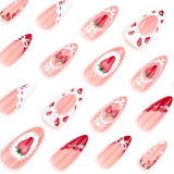 GETADME 24pcs Cute Pink Strawberry Press on Nails Spice Girl Almond Shaped Fake Nail Tips Full Cover Wearable Sweet Korean False Nails