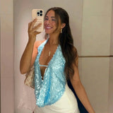 GETADME Balitops Sequins Beach Sexy Crop Tops Women Fashion Halter Deep V Neck Tank Tops Female Pullovers Summer New Club Cropped Top